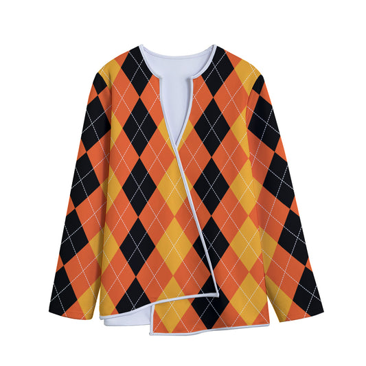 Orange And Black Argyle Pattern Print Long Sleeve Short Coat