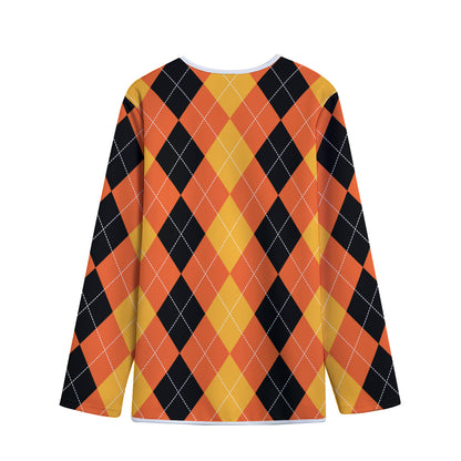 Orange And Black Argyle Pattern Print Long Sleeve Short Coat