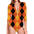 Orange And Black Argyle Pattern Print Long Sleeve Swimsuit