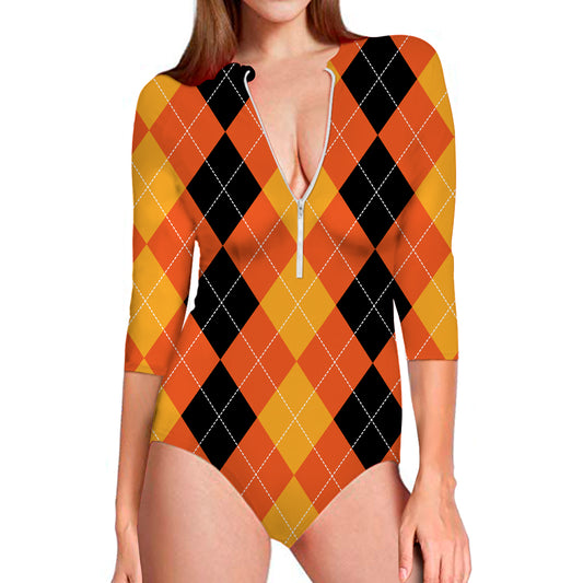 Orange And Black Argyle Pattern Print Long Sleeve Swimsuit