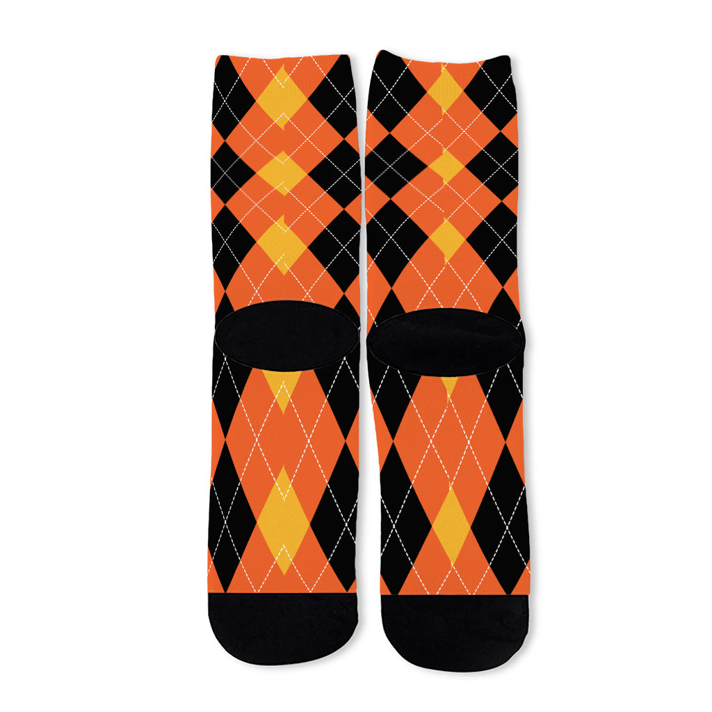 Orange And Black Argyle Pattern Print Long Socks