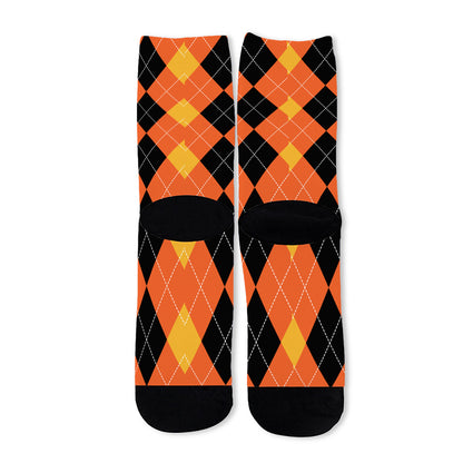 Orange And Black Argyle Pattern Print Long Socks