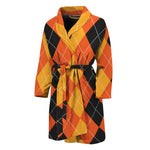 Orange And Black Argyle Pattern Print Men's Bathrobe