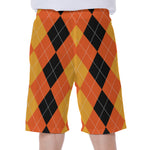 Orange And Black Argyle Pattern Print Men's Beach Shorts