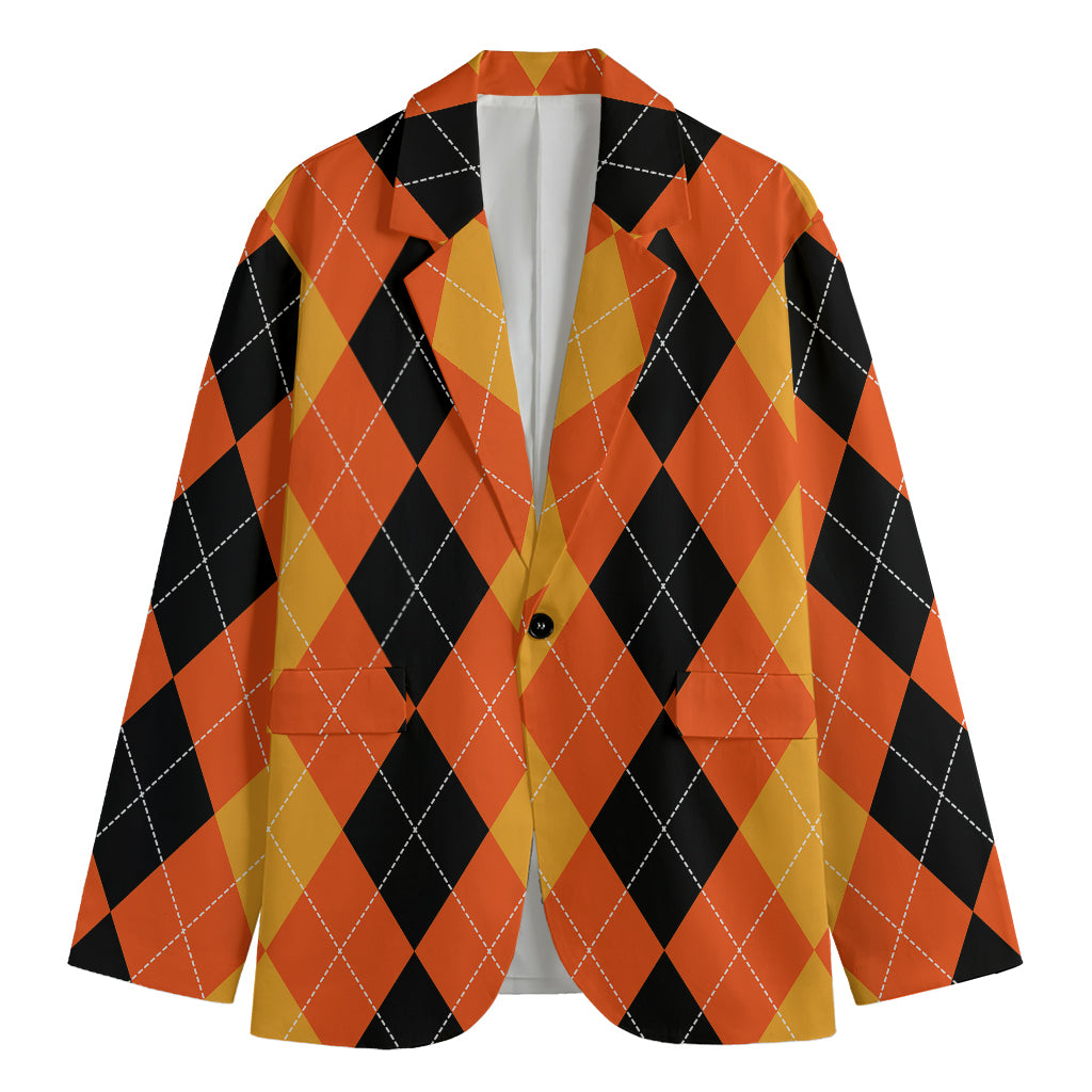 Orange And Black Argyle Pattern Print Men's Blazer