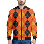 Orange And Black Argyle Pattern Print Men's Bomber Jacket