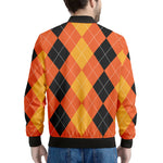 Orange And Black Argyle Pattern Print Men's Bomber Jacket