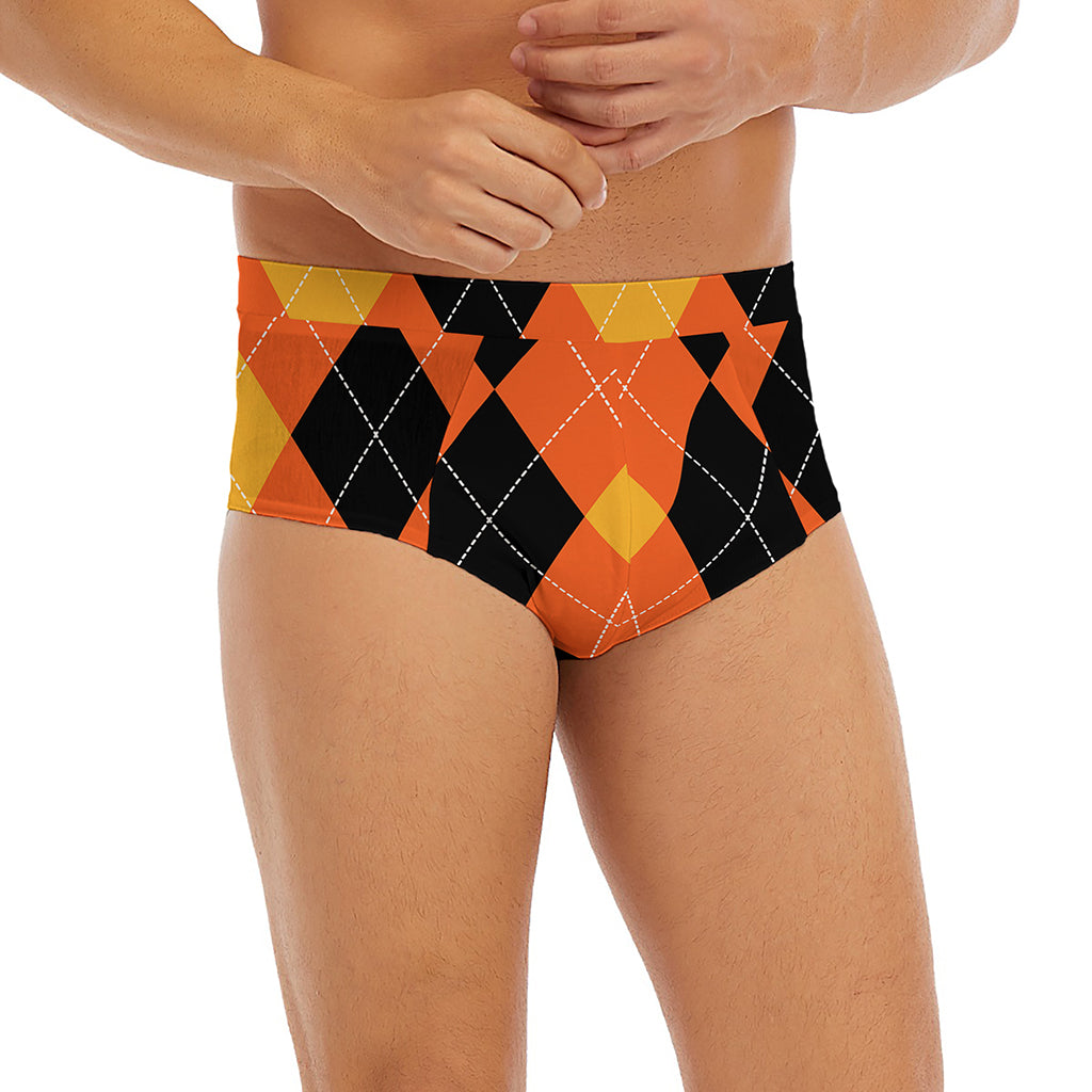 Orange And Black Argyle Pattern Print Men's Briefs
