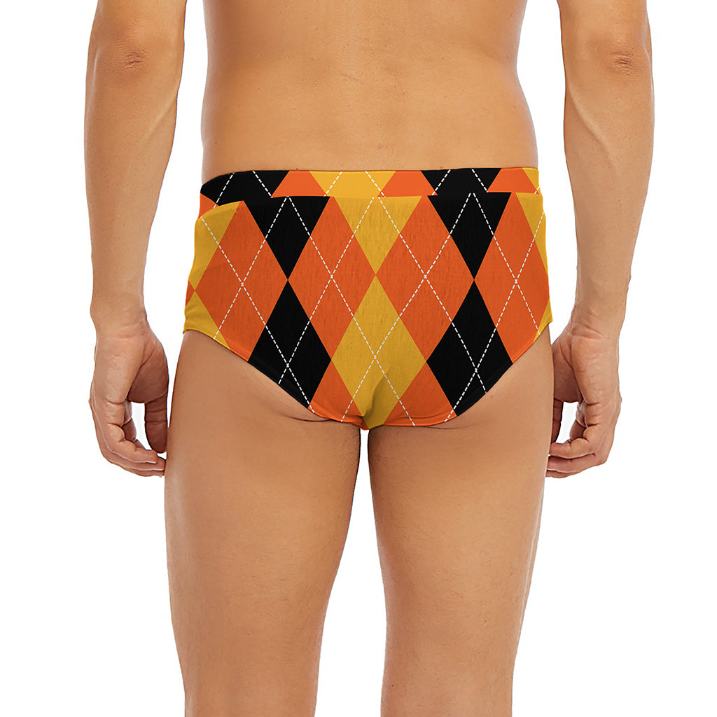 Orange And Black Argyle Pattern Print Men's Briefs