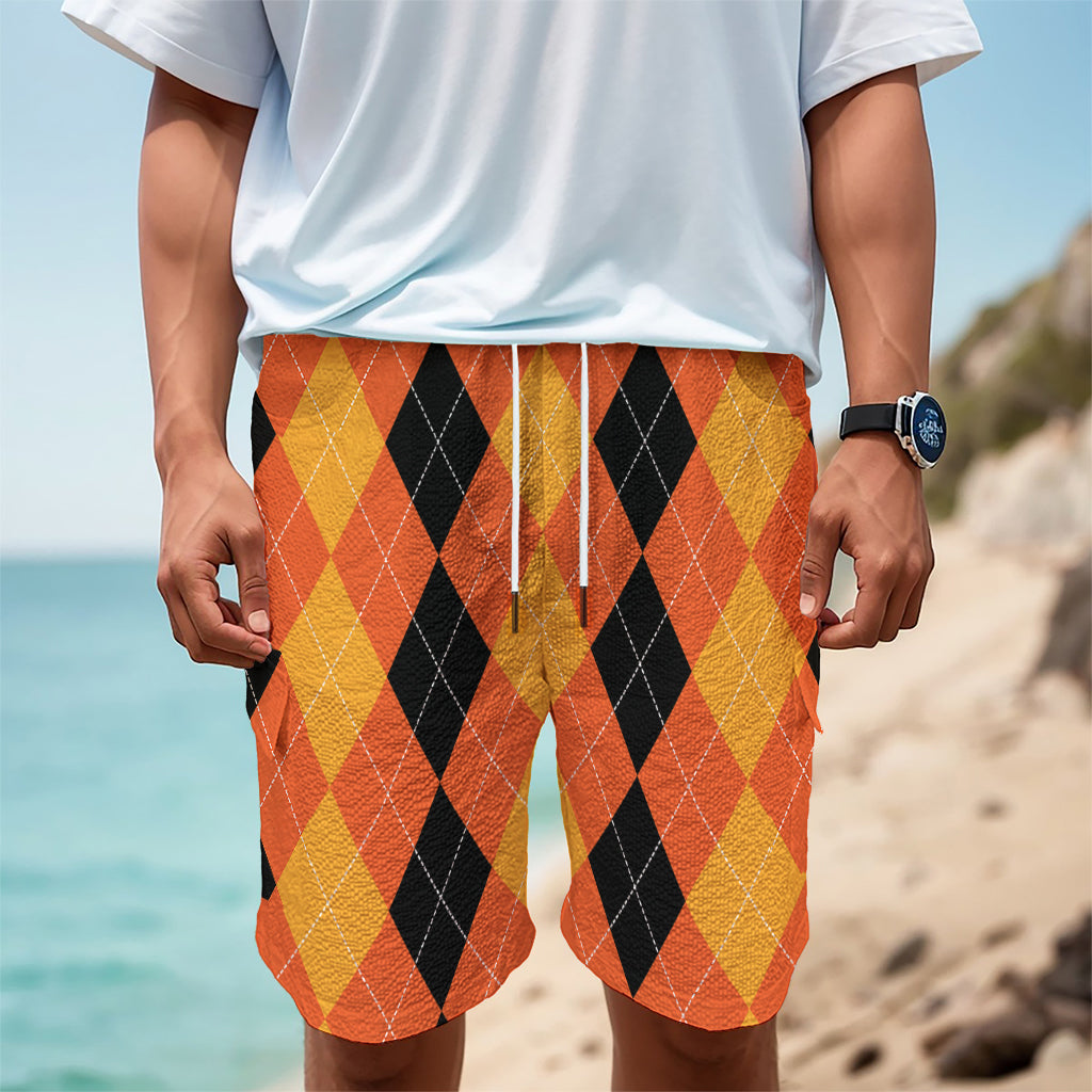 Orange And Black Argyle Pattern Print Men's Cargo Shorts