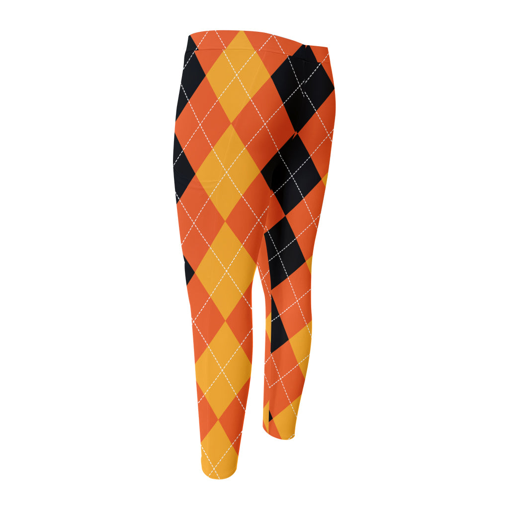 Orange And Black Argyle Pattern Print Men's Compression Pants