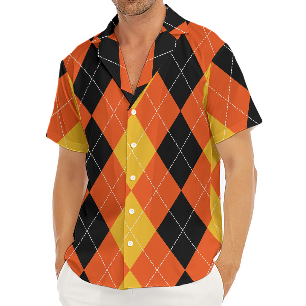 Orange And Black Argyle Pattern Print Men's Deep V-Neck Shirt