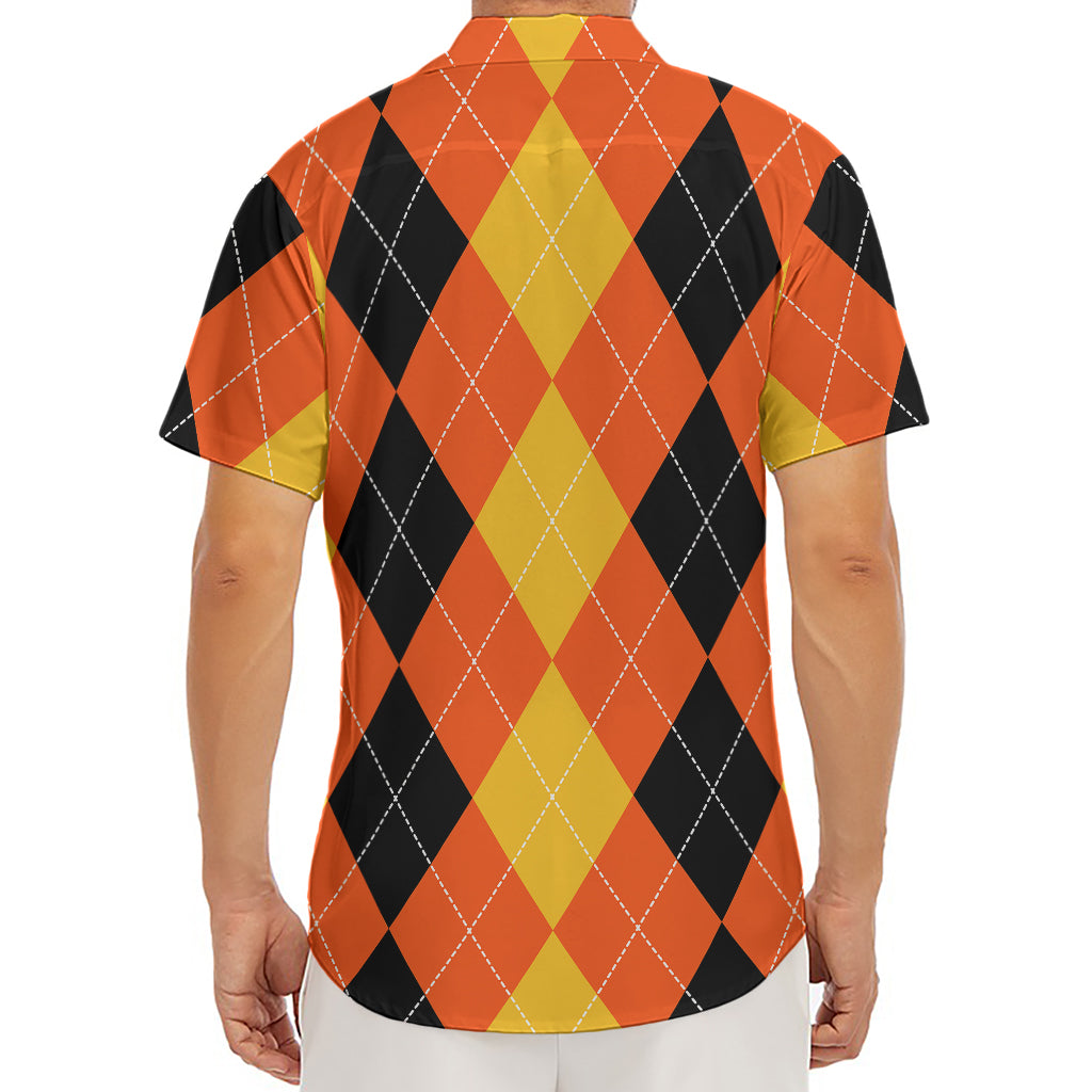 Orange And Black Argyle Pattern Print Men's Deep V-Neck Shirt