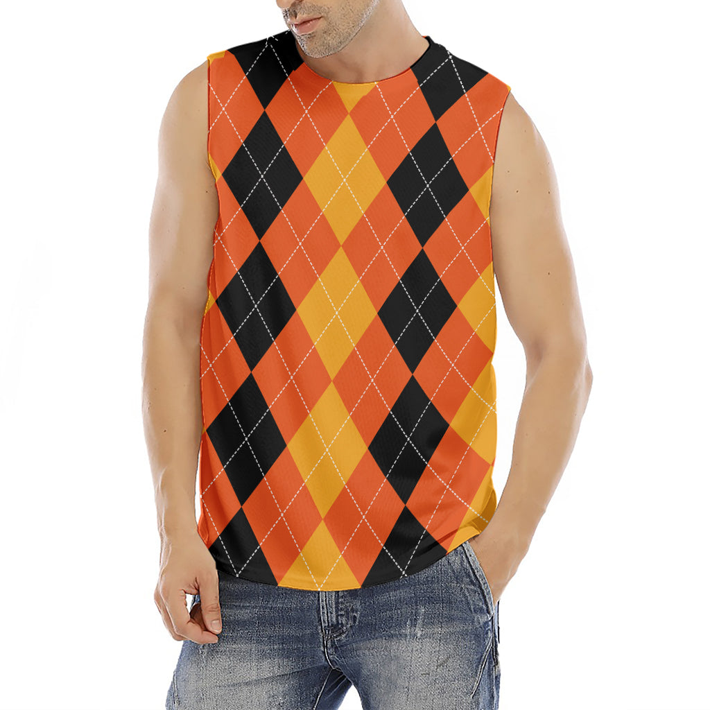 Orange And Black Argyle Pattern Print Men's Fitness Tank Top