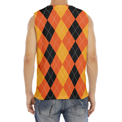 Orange And Black Argyle Pattern Print Men's Fitness Tank Top