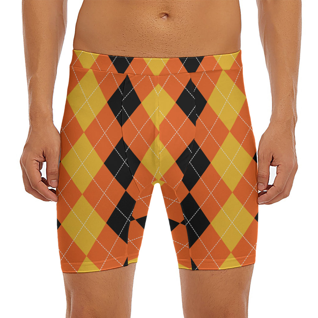 Orange And Black Argyle Pattern Print Men's Long Boxer Briefs