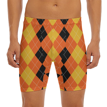 Orange And Black Argyle Pattern Print Men's Long Boxer Briefs