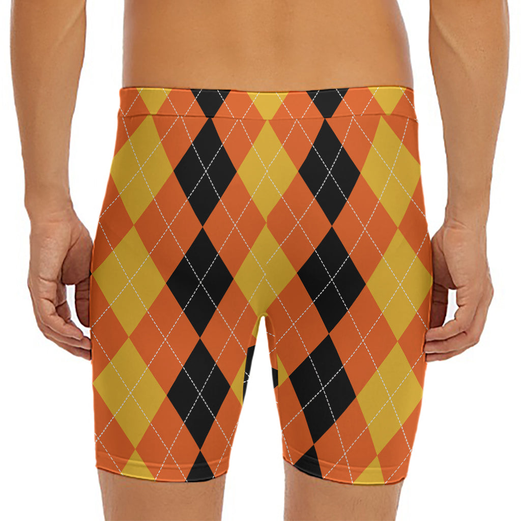 Orange And Black Argyle Pattern Print Men's Long Boxer Briefs