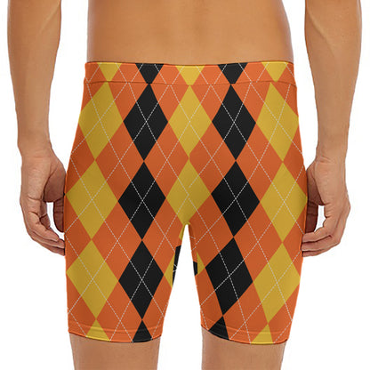 Orange And Black Argyle Pattern Print Men's Long Boxer Briefs