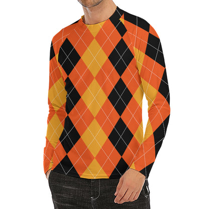 Orange And Black Argyle Pattern Print Men's Long Sleeve Rash Guard