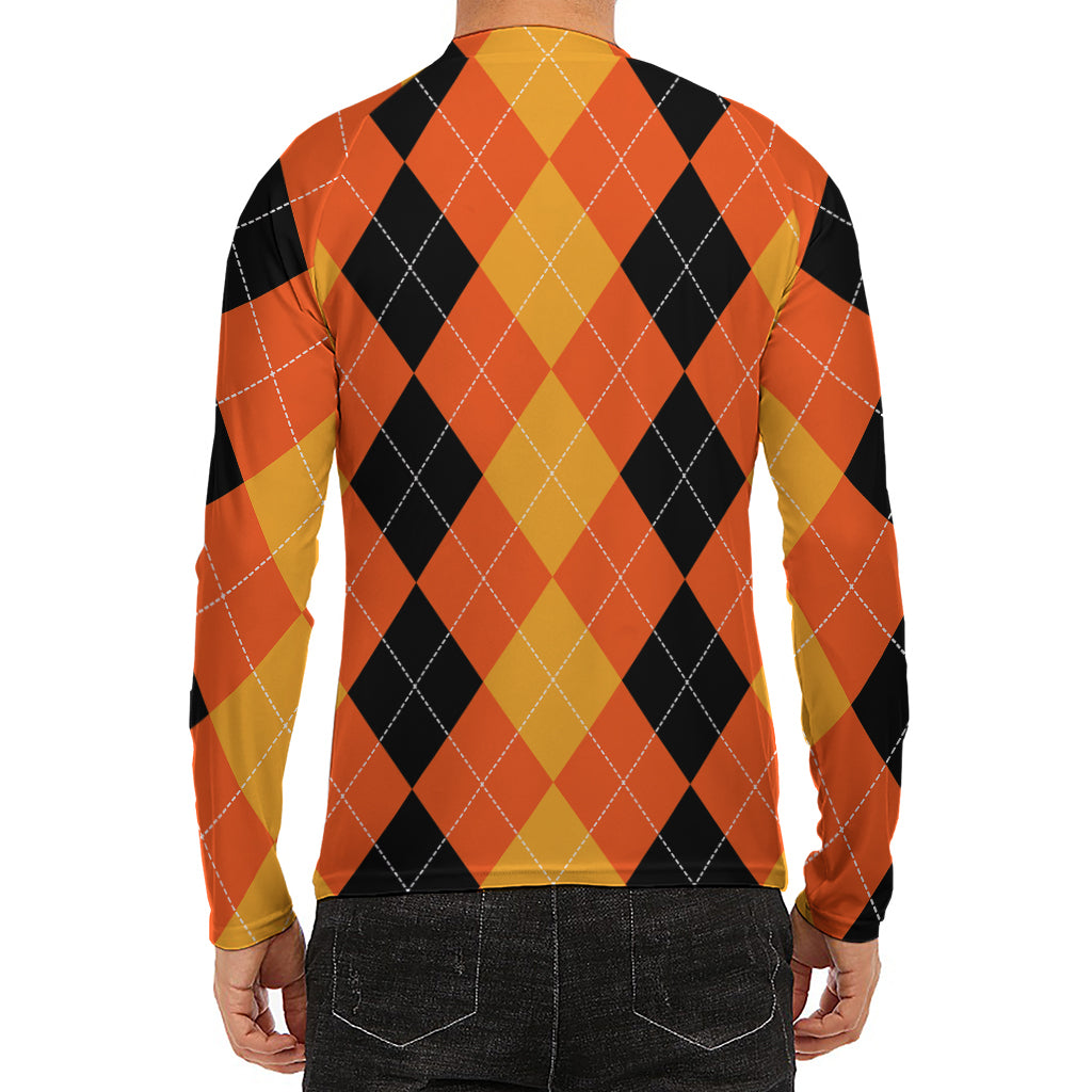 Orange And Black Argyle Pattern Print Men's Long Sleeve Rash Guard