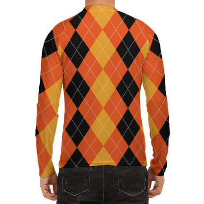 Orange And Black Argyle Pattern Print Men's Long Sleeve Rash Guard
