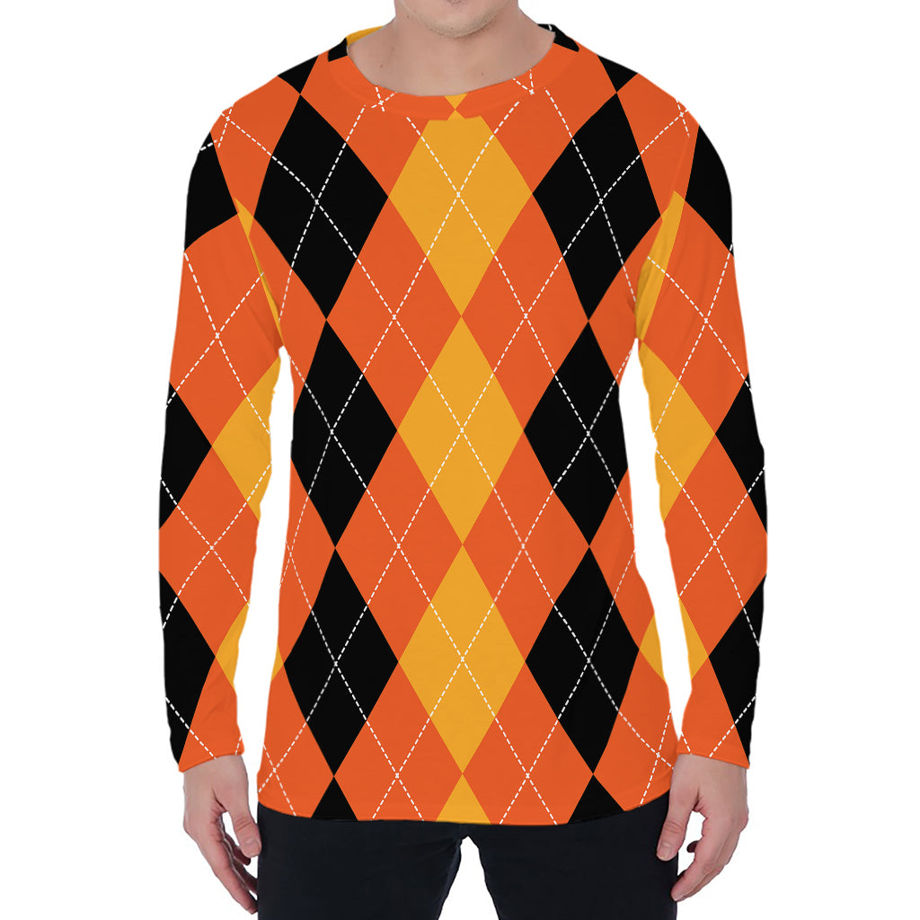 Orange And Black Argyle Pattern Print Men's Long Sleeve T-Shirt