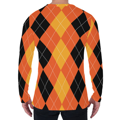 Orange And Black Argyle Pattern Print Men's Long Sleeve T-Shirt