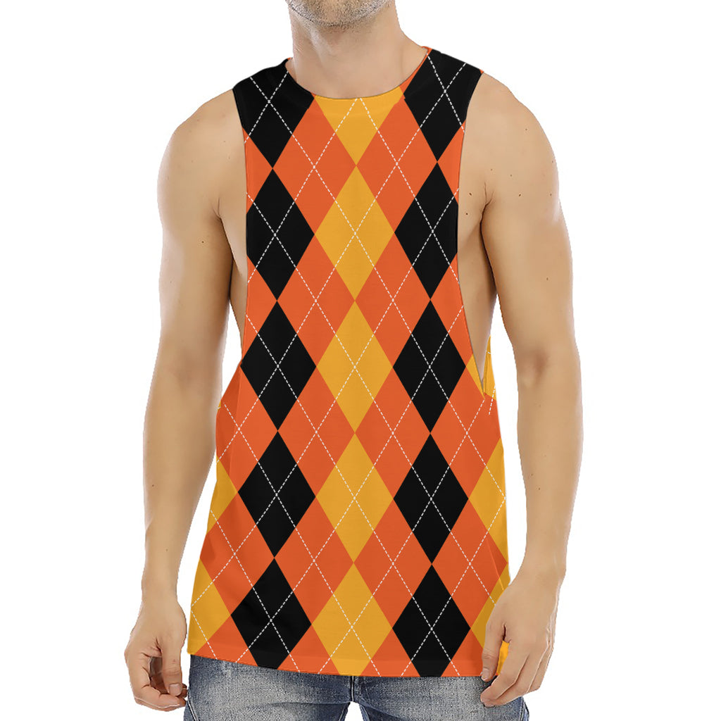 Orange And Black Argyle Pattern Print Men's Muscle Tank Top