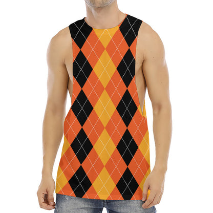 Orange And Black Argyle Pattern Print Men's Muscle Tank Top