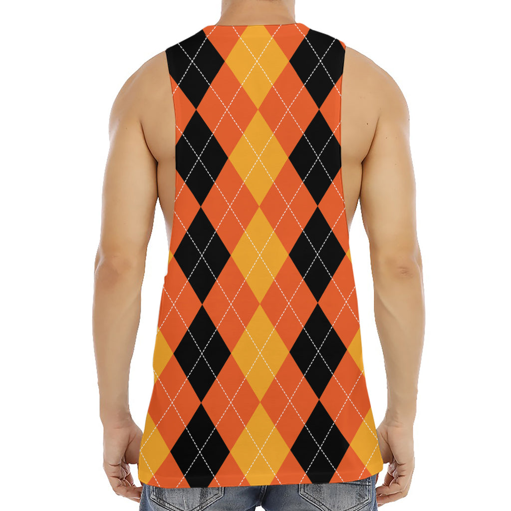 Orange And Black Argyle Pattern Print Men's Muscle Tank Top