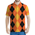 Orange And Black Argyle Pattern Print Men's Polo Shirt
