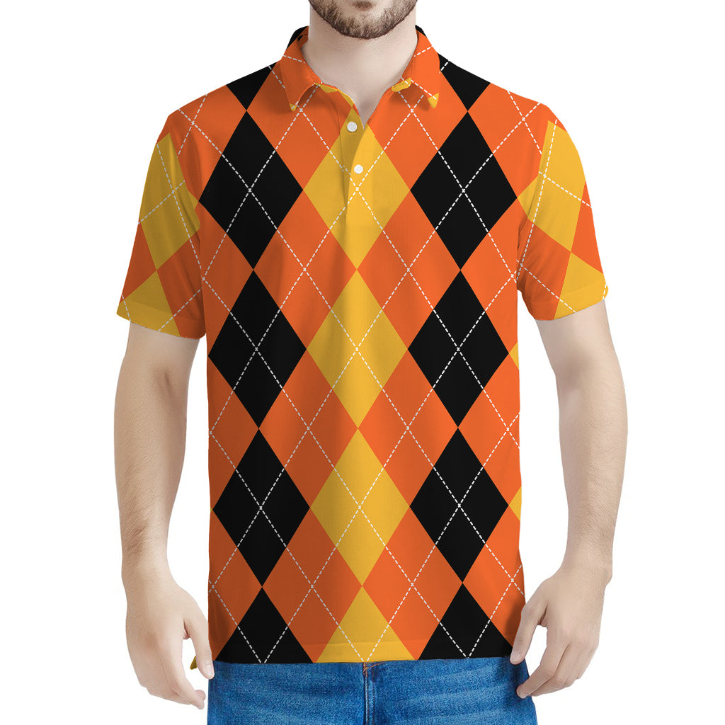Orange And Black Argyle Pattern Print Men's Polo Shirt