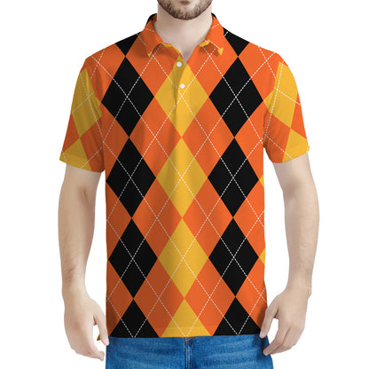 Orange And Black Argyle Pattern Print Men's Polo Shirt