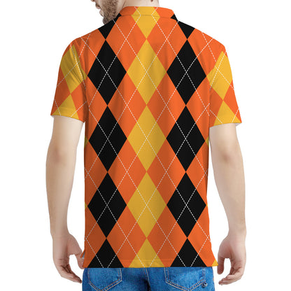 Orange And Black Argyle Pattern Print Men's Polo Shirt