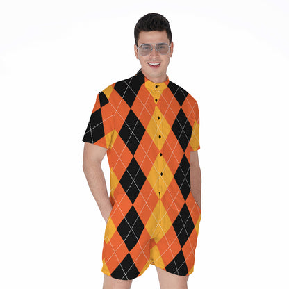 Orange And Black Argyle Pattern Print Men's Rompers