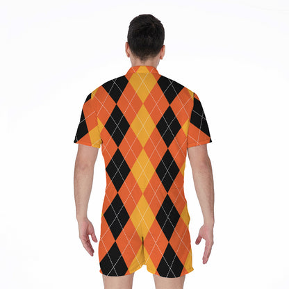 Orange And Black Argyle Pattern Print Men's Rompers