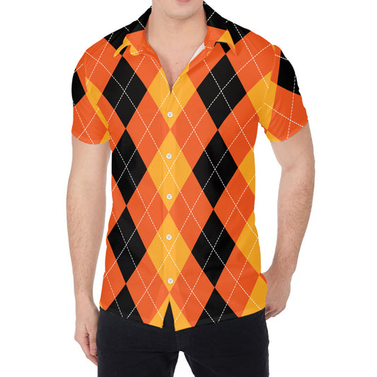 Orange And Black Argyle Pattern Print Men's Shirt