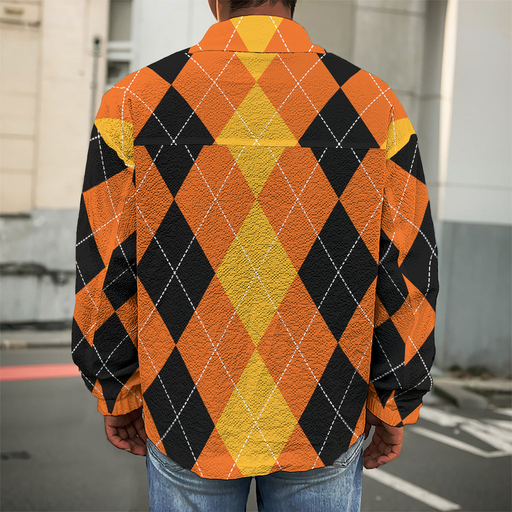 Orange And Black Argyle Pattern Print Men's Shirt Jacket