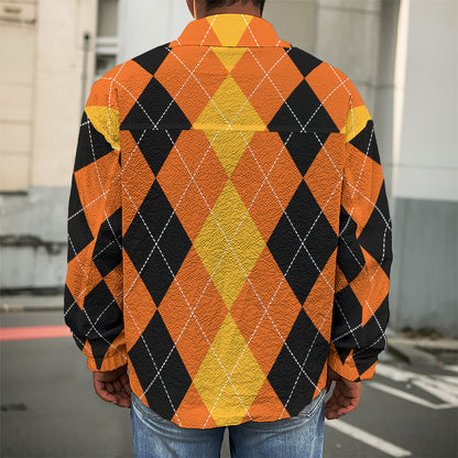 Orange And Black Argyle Pattern Print Men's Shirt Jacket