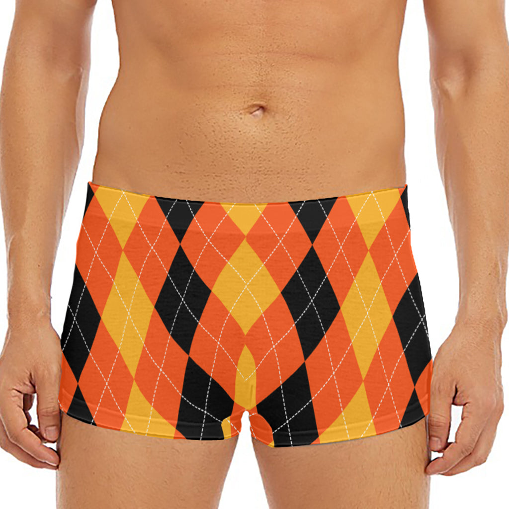 Orange And Black Argyle Pattern Print Men's Short Boxer Briefs