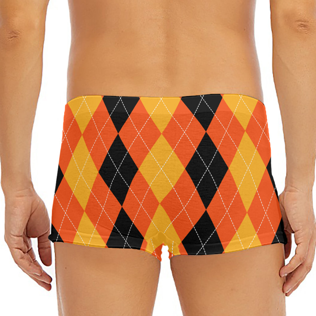 Orange And Black Argyle Pattern Print Men's Short Boxer Briefs