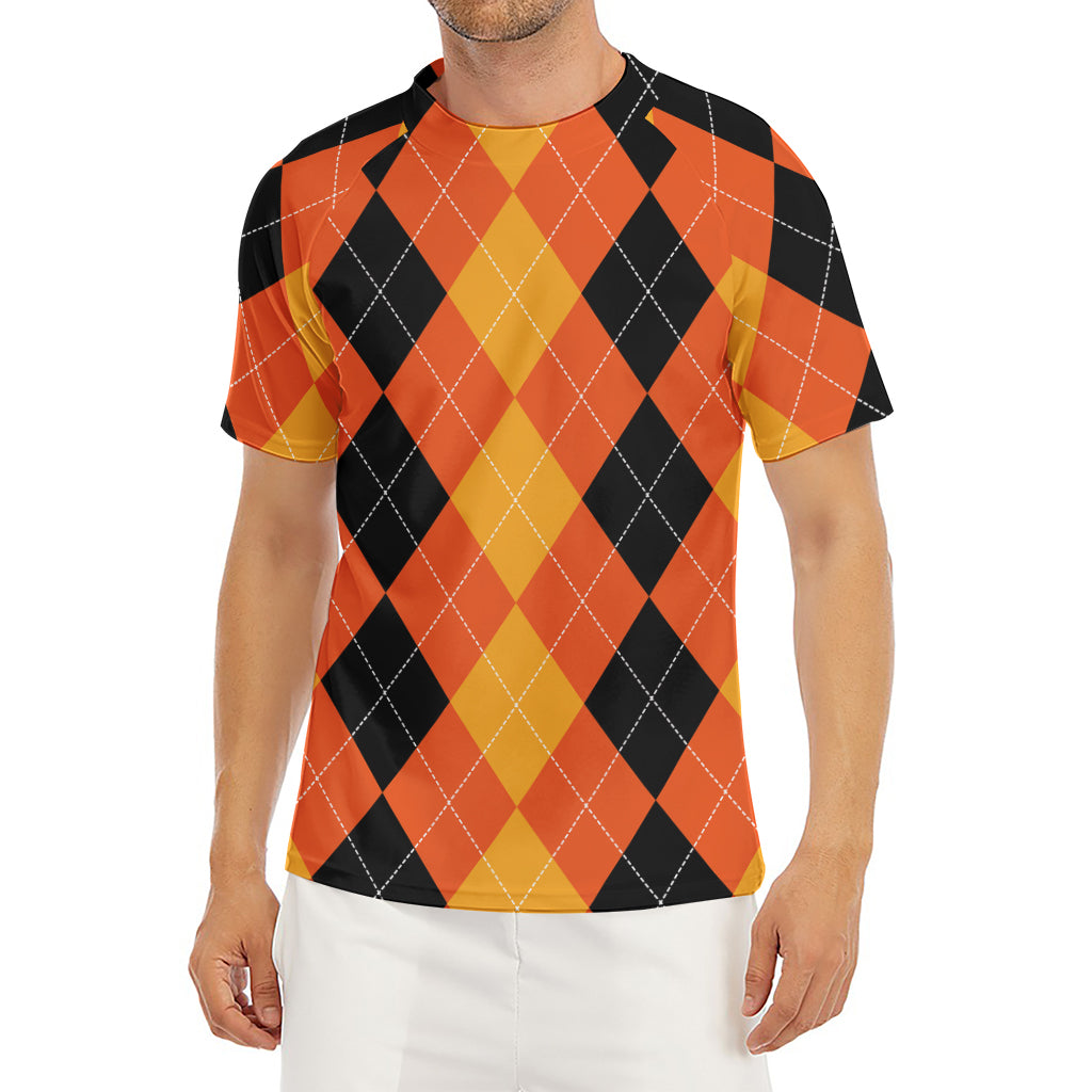 Orange And Black Argyle Pattern Print Men's Short Sleeve Rash Guard