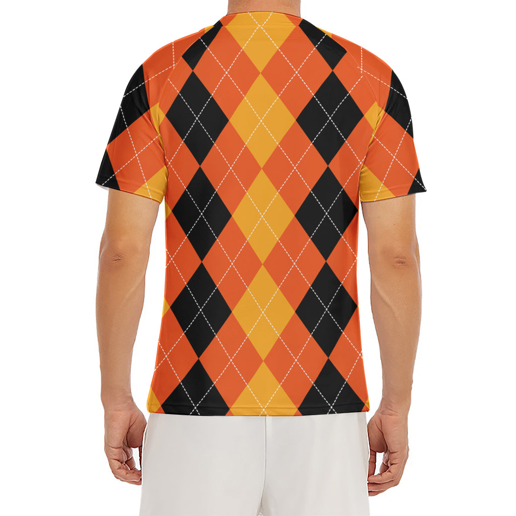 Orange And Black Argyle Pattern Print Men's Short Sleeve Rash Guard