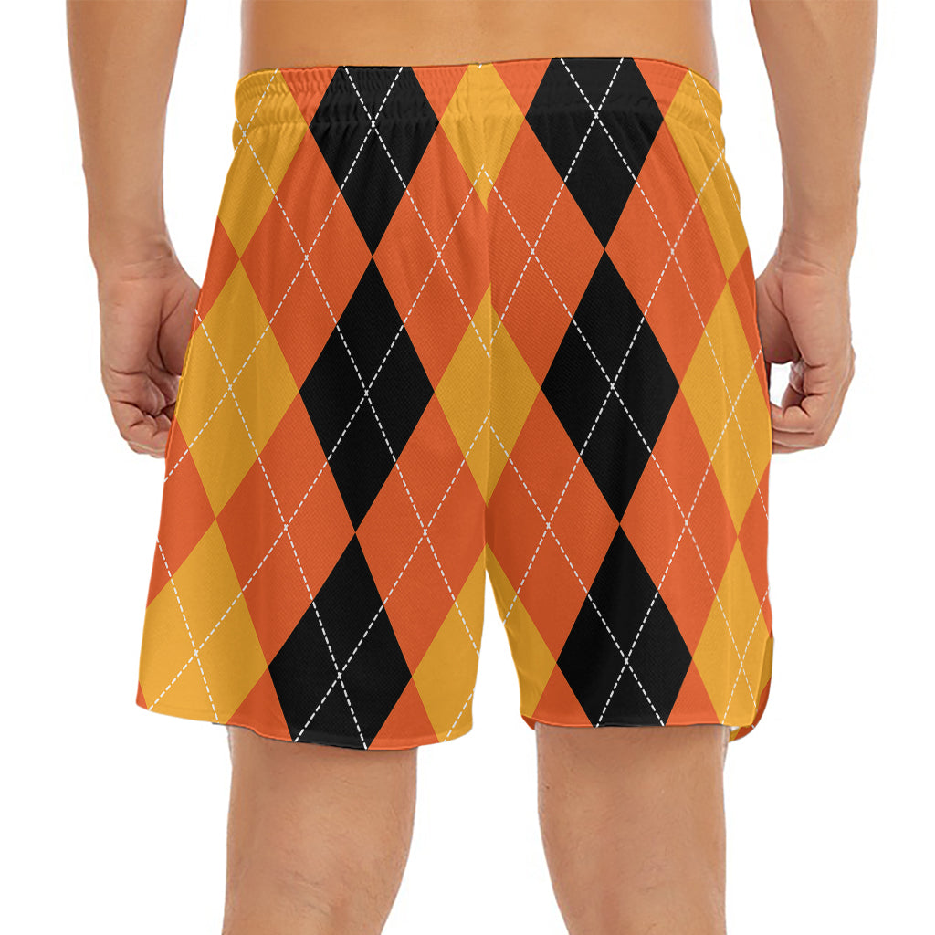 Orange And Black Argyle Pattern Print Men's Split Running Shorts