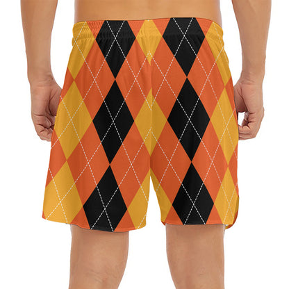 Orange And Black Argyle Pattern Print Men's Split Running Shorts