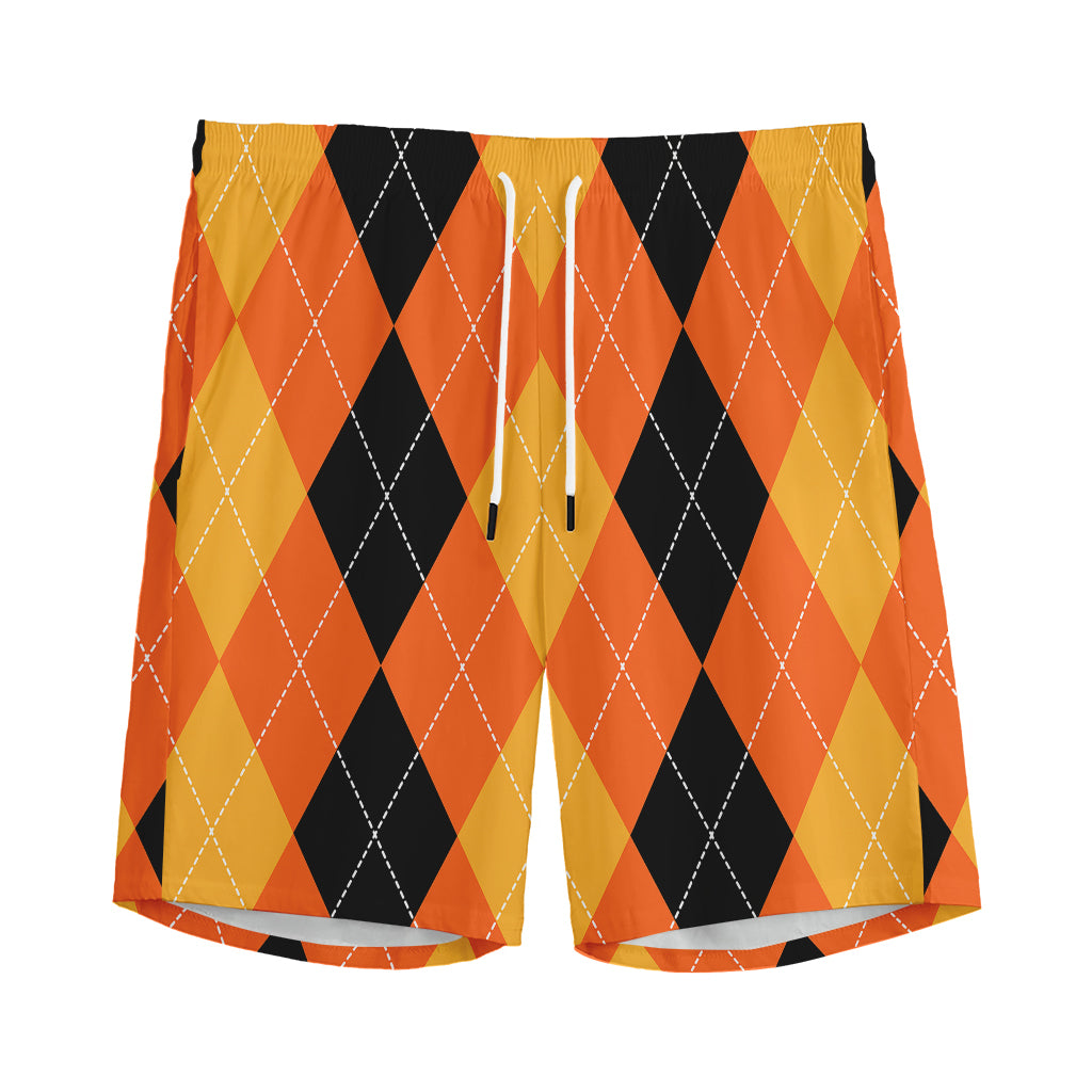 Orange And Black Argyle Pattern Print Men's Sports Shorts