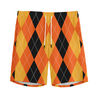 Orange And Black Argyle Pattern Print Men's Sports Shorts