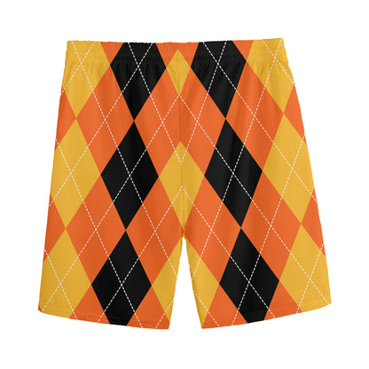 Orange And Black Argyle Pattern Print Men's Sports Shorts