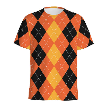 Orange And Black Argyle Pattern Print Men's Sports T-Shirt